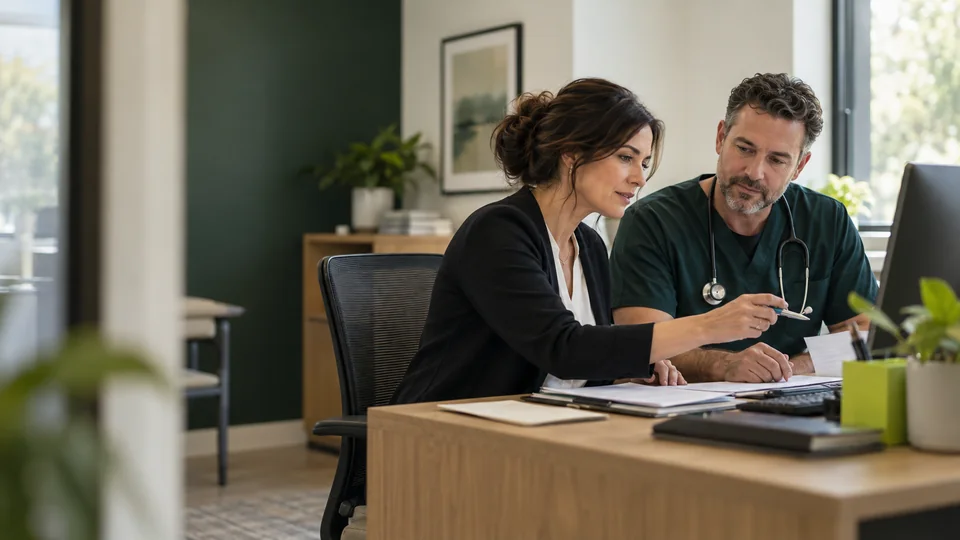 Illustrative clinic administrator and physician reviewing administrative work at a desk.